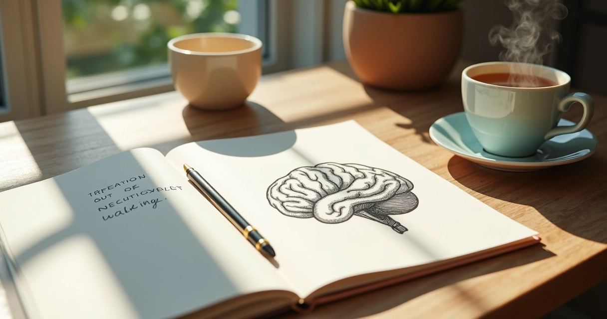 Person writing intentions in a journal beside a brain sketch and tea cup