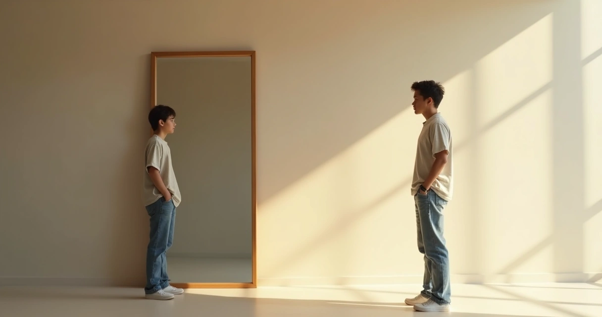Person looking at own reflection in a mirror 