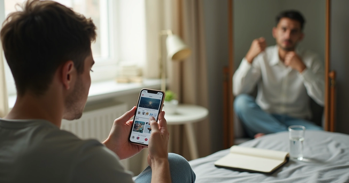 Person checking a phone near a mirror with a reflective, tense posture