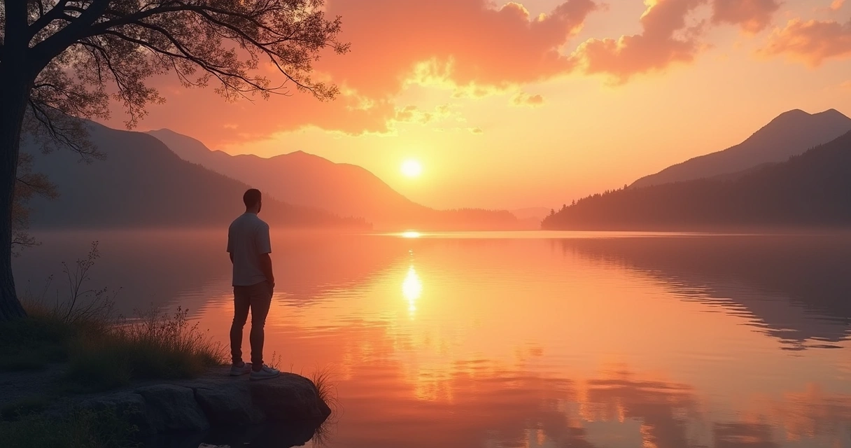 Silhouette of a person watching a colorful sunset over a calm landscape