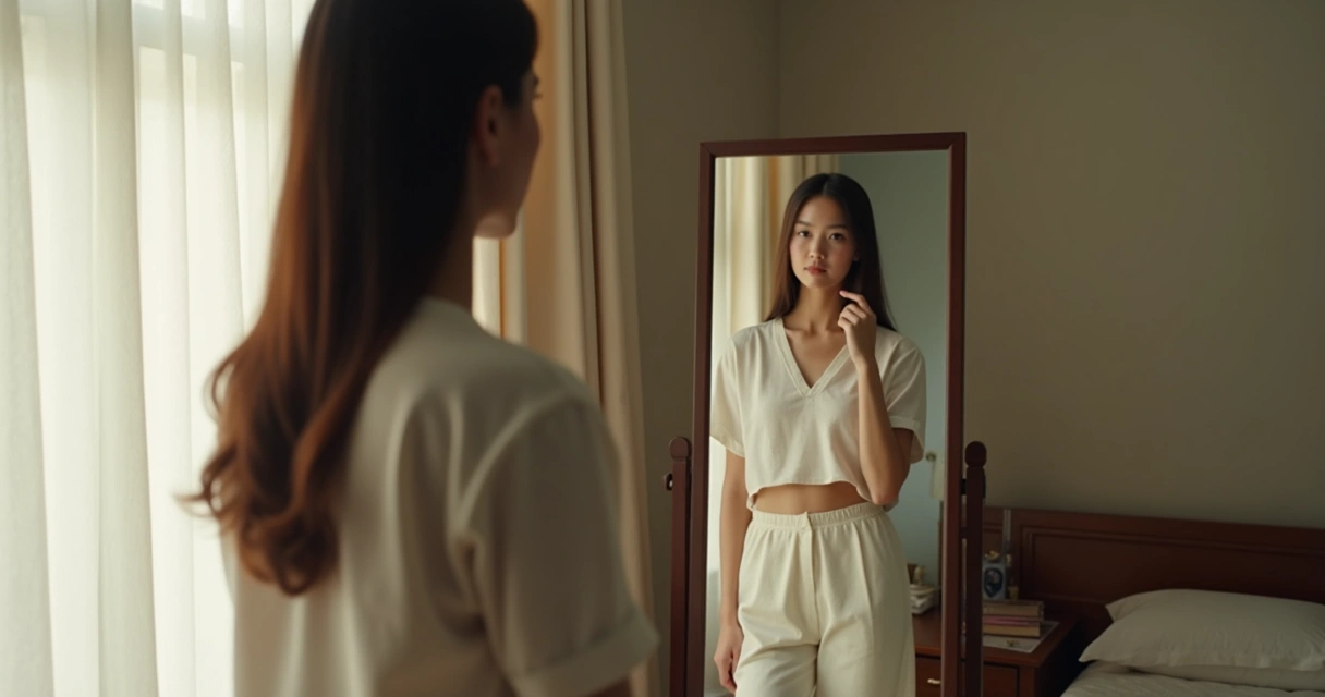 Person standing before a mirror in soft natural light