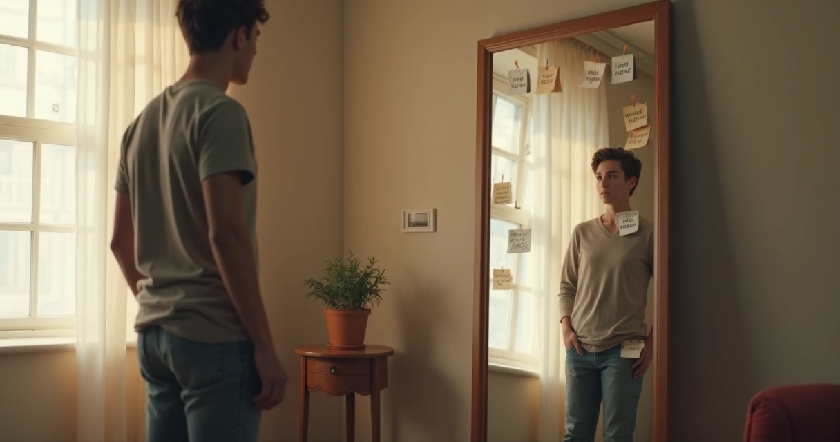 Person looking into a mirror with notes around the frame