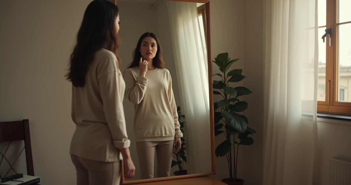 Person observing reflection in a mirror during quiet thought