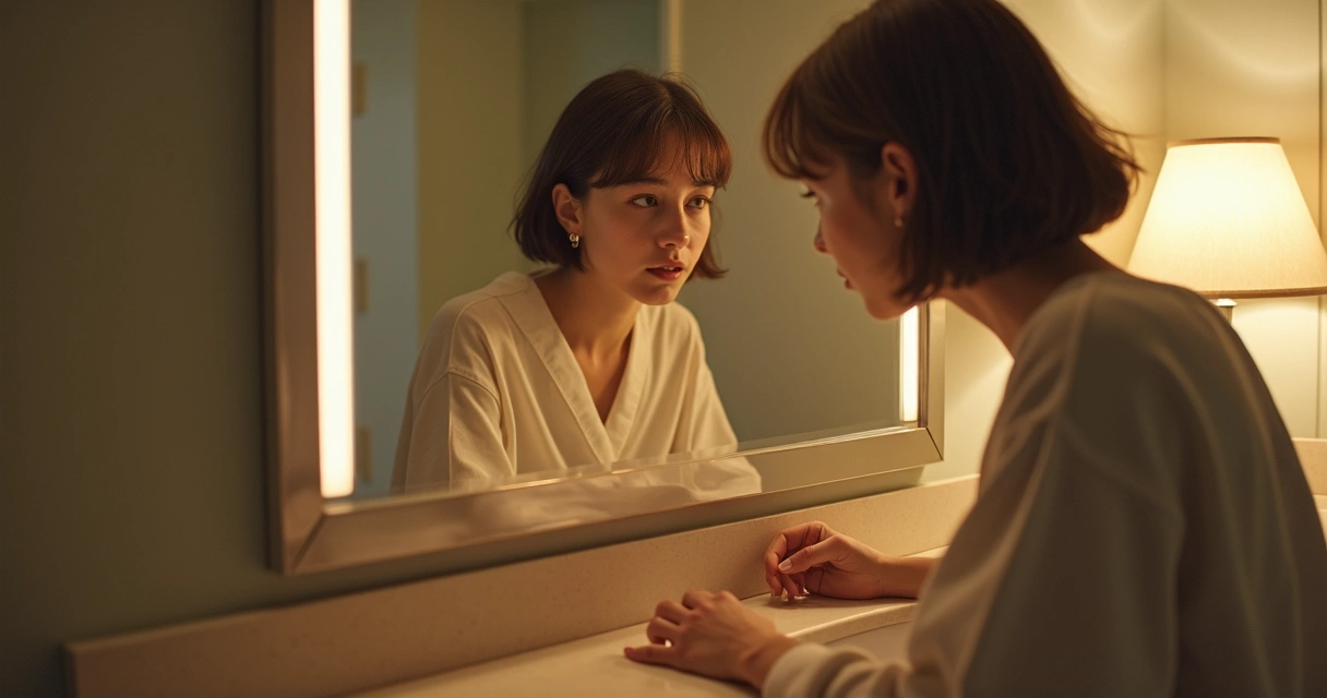 Person looking in mirror reflecting 