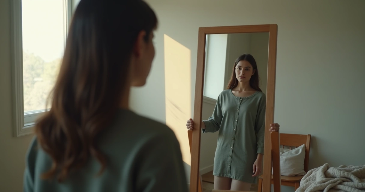 Person looking into a mirror in soft light