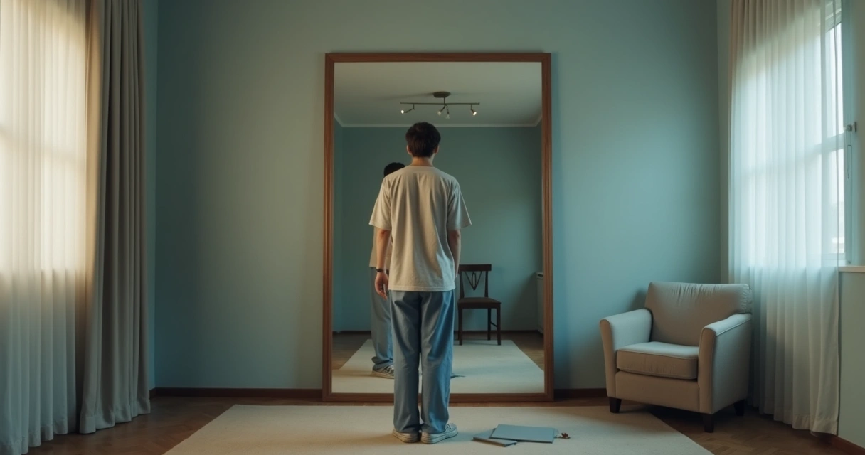 Person facing a mirror with layered reflections 