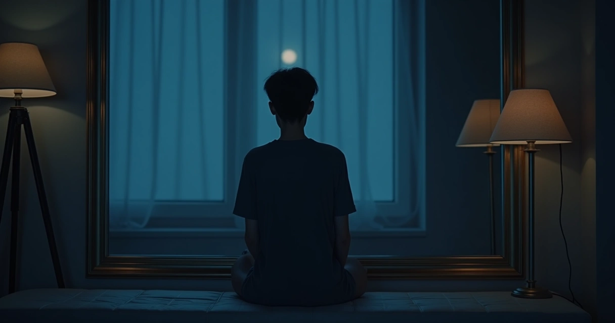 Person reflecting while looking into a mirror at night