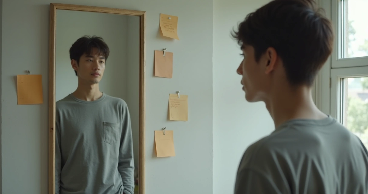 Person looking at mirror beside sticky notes during quiet reflection