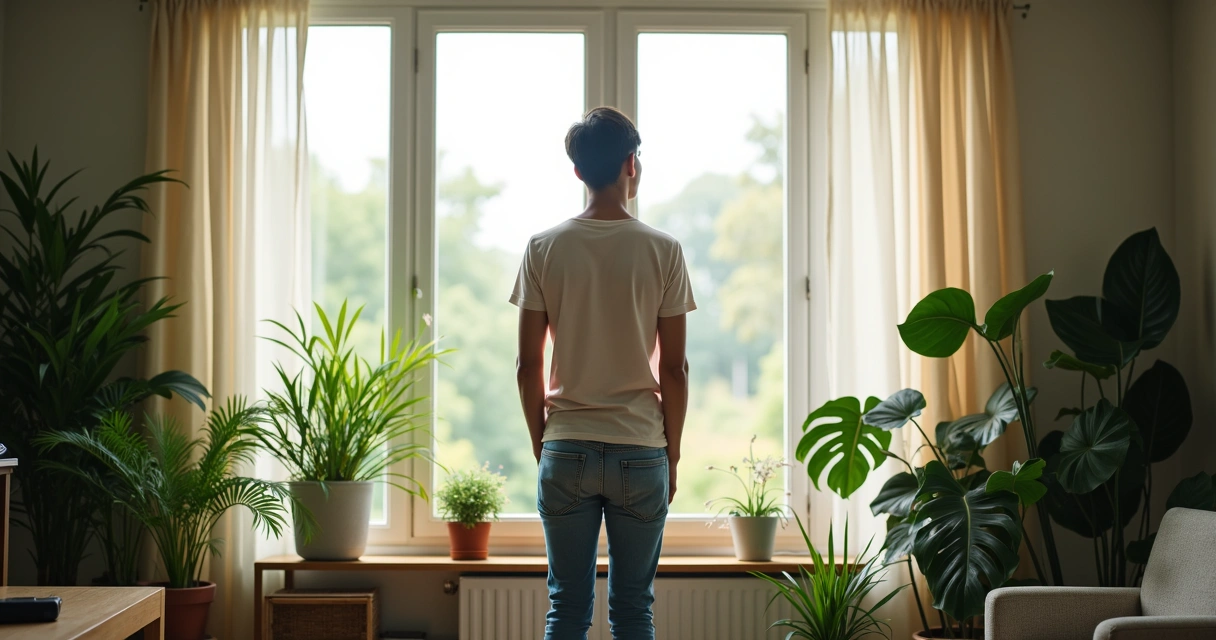 Person gazing out a window with soft daylight 