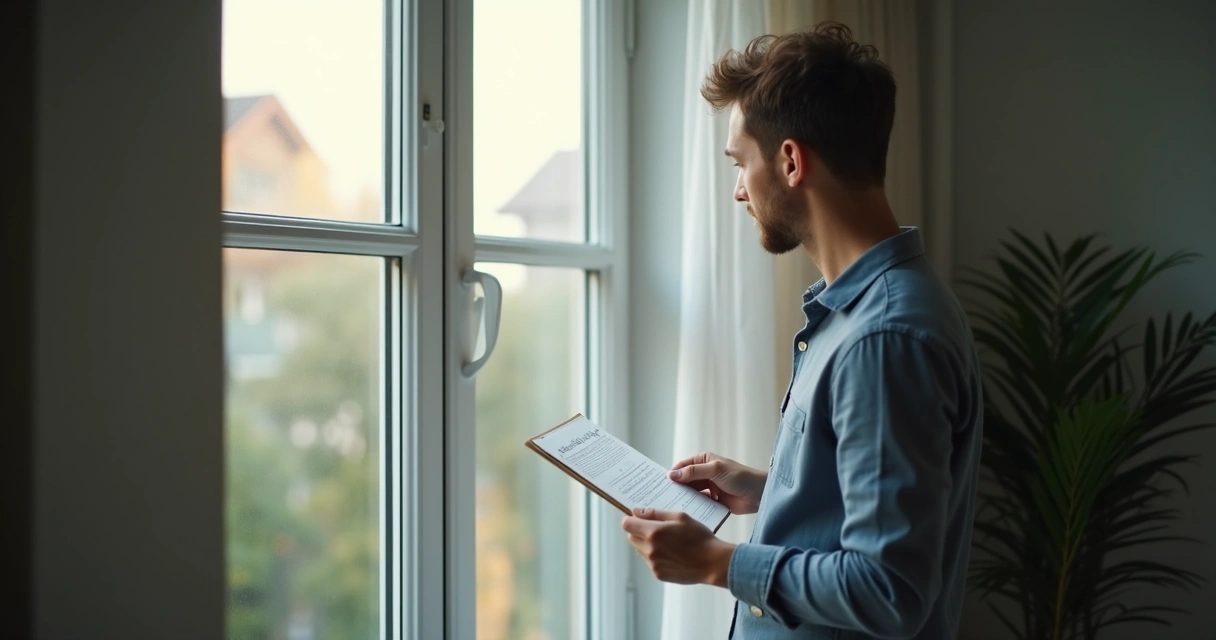 Person reflecting by a window with notes in hand 