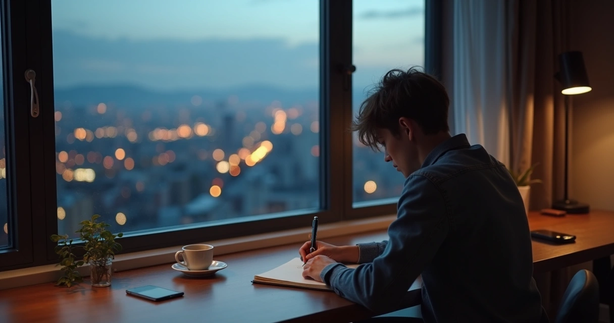 Person seated by a window writing in a notebook at dusk