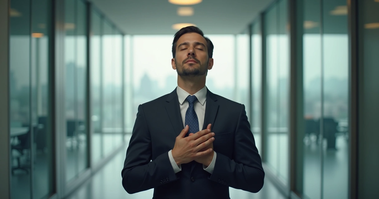 Person closes eyes and breathes before entering a meeting room