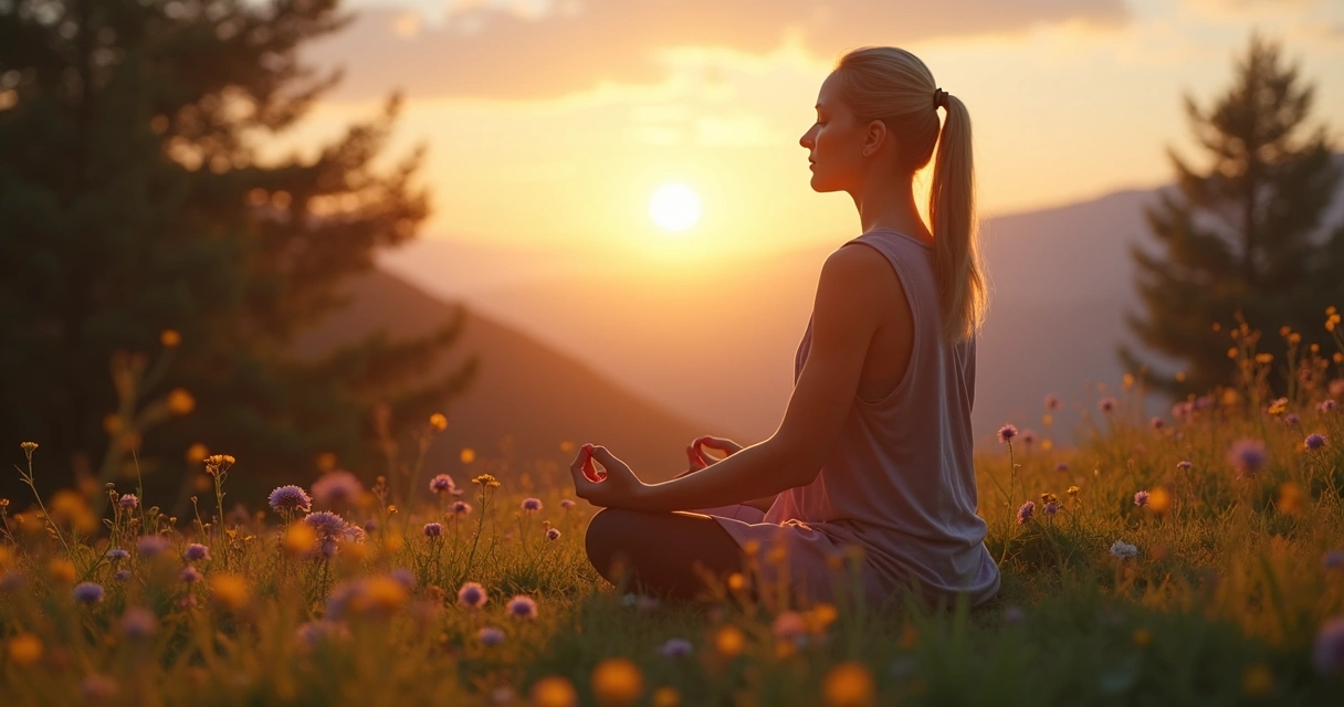 Person meditating outside at dusk with soft light 