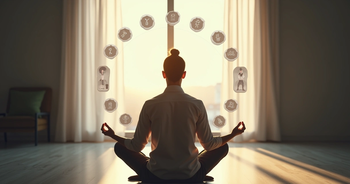 Person meditating with various career icons around them 