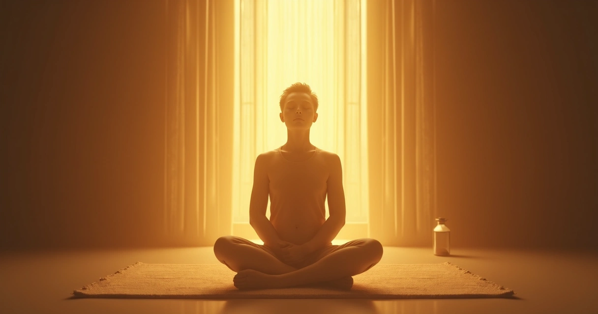 Person sitting with eyes closed, calm expression, soft glow around their body, abstract lines radiating outward.