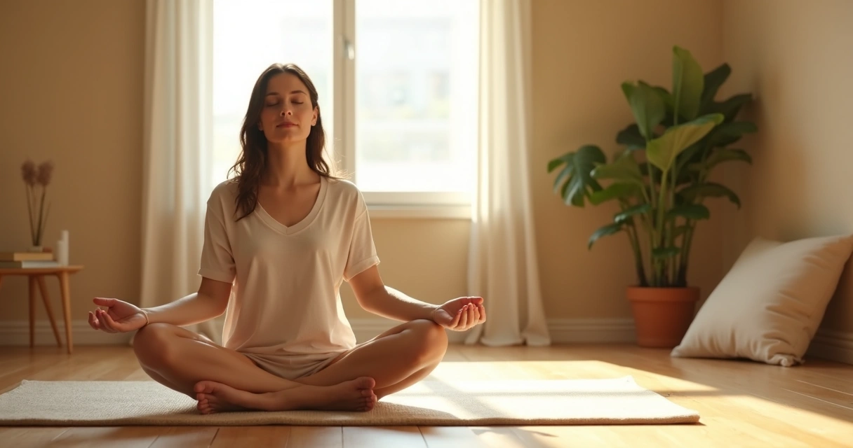 Person sitting cross-legged on a floor, meditating in a softly lit room