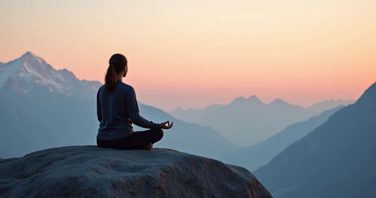 Person in meditation pose with mountains in background 