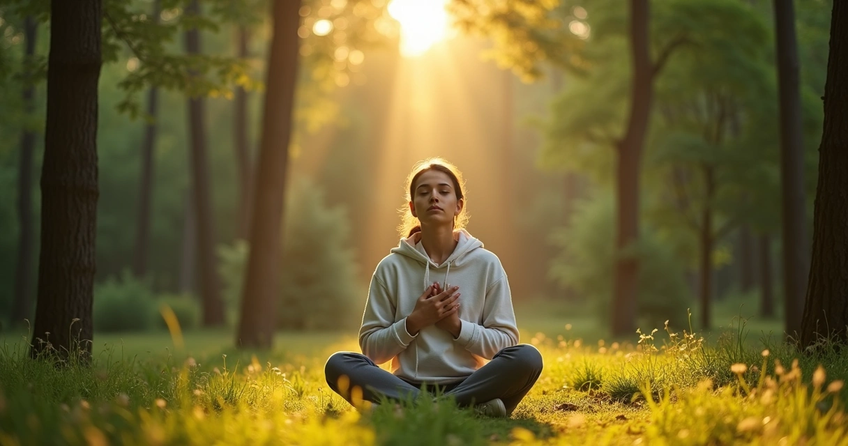 Person meditates in a forest clearing with soft sunlight. 
