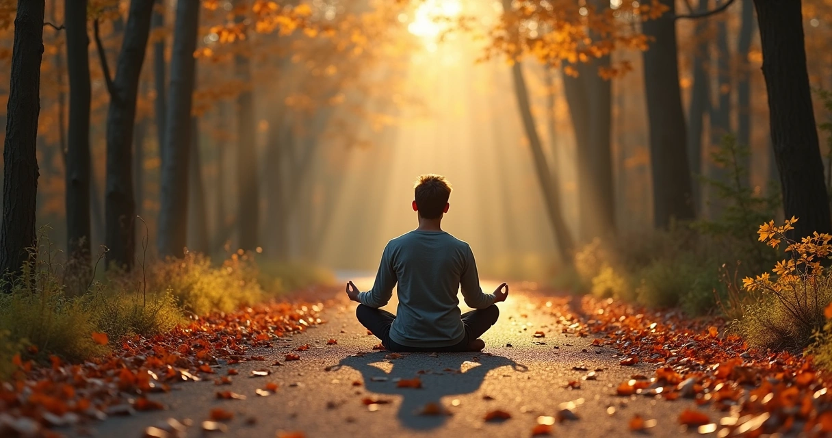 Person meditating alone on a wooded path in sunrise light 
