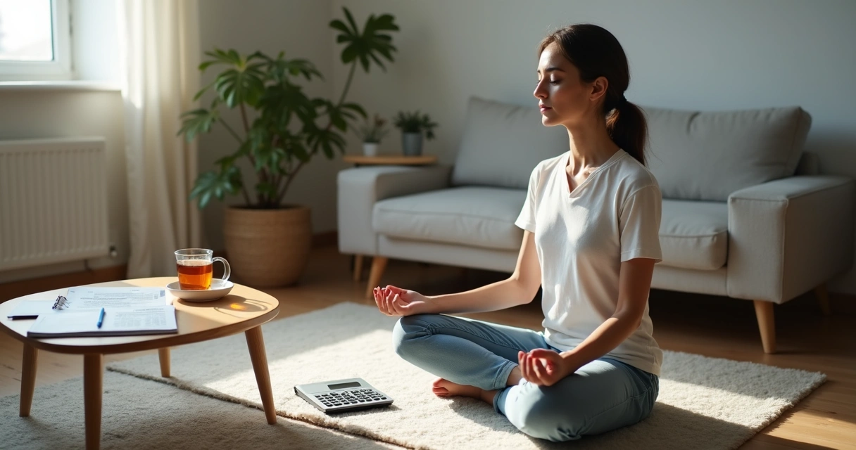 Person meditating beside household bills and a notebook