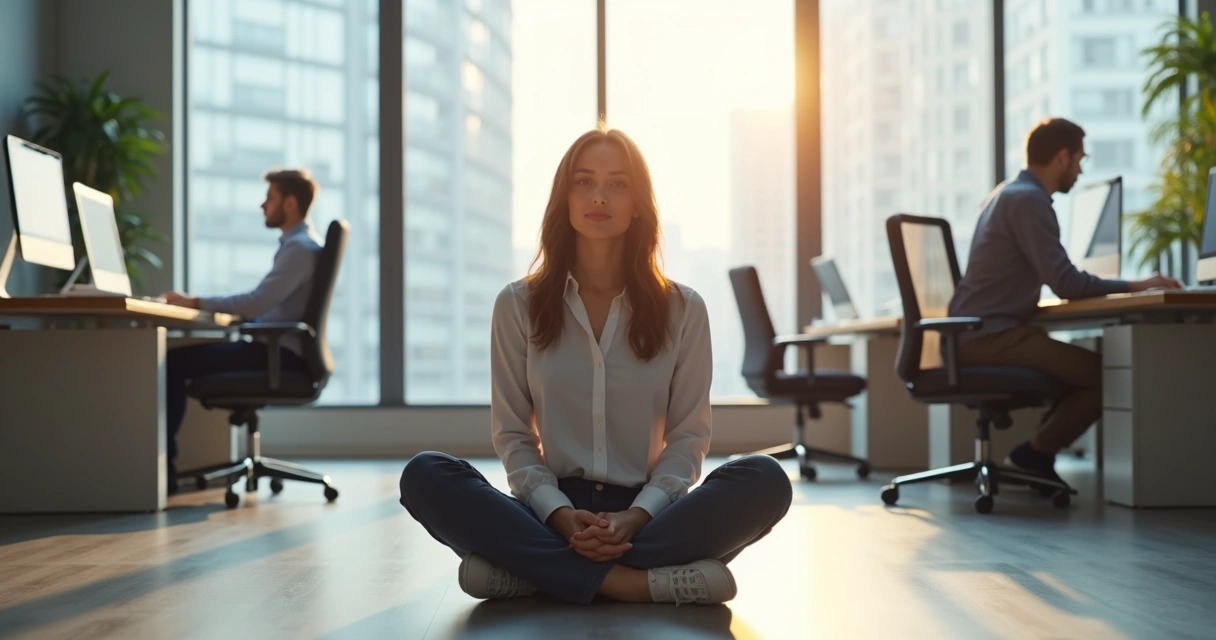 A person sitting cross-legged in an office, eyes closed, practicing mindfulness 