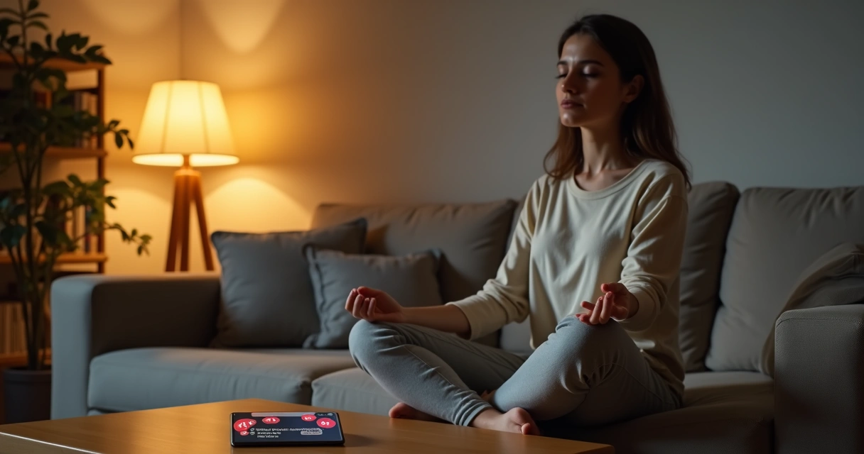 Person calmly meditating with phone showing critical comments 