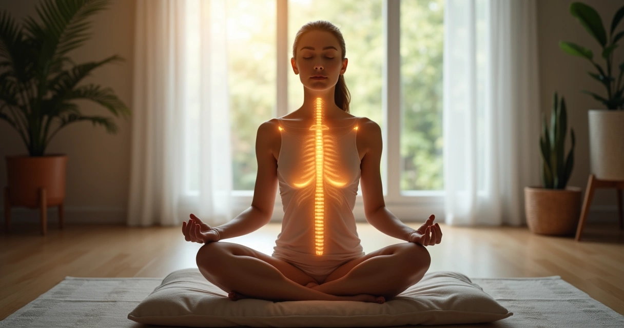 Man meditating cross-legged with highlighted areas on body for tension, tingling, and posture. 