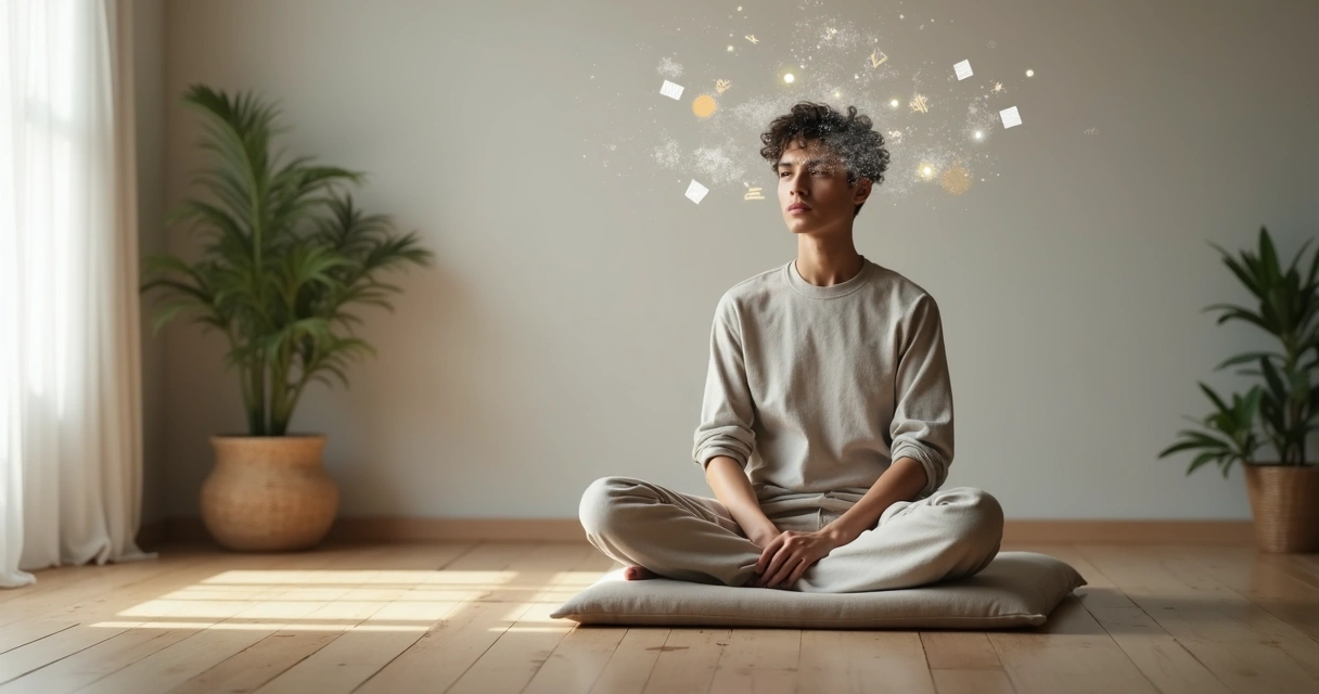 Person sitting in meditation with layered thought imagery around the head 