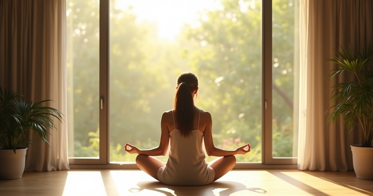 Person meditating by a window with morning light