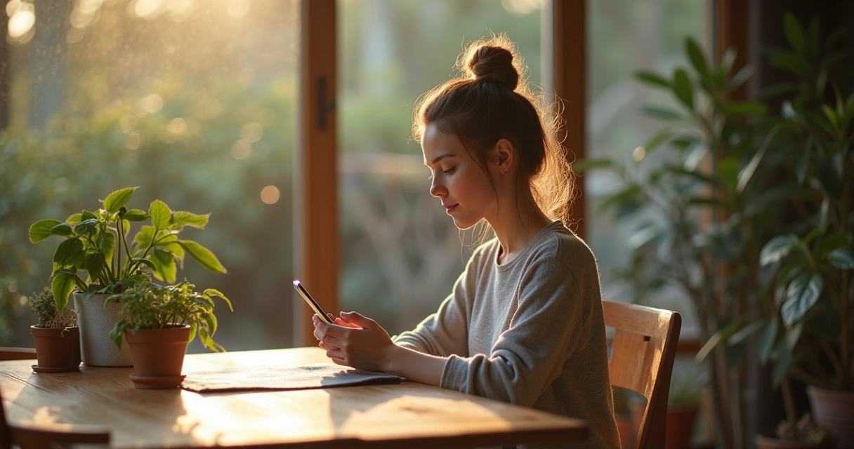 Young adult practicing mindful scrolling at wooden table with plants. 