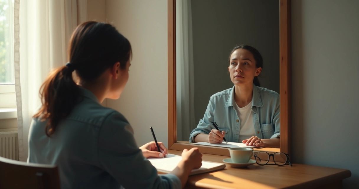 Person writing in a journal beside a mirror with divided reflections 