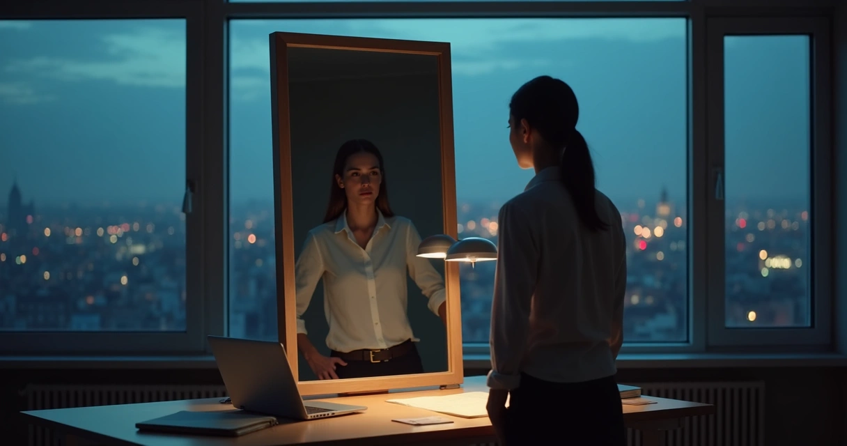 Person facing a mirror in a dim office with city lights behind