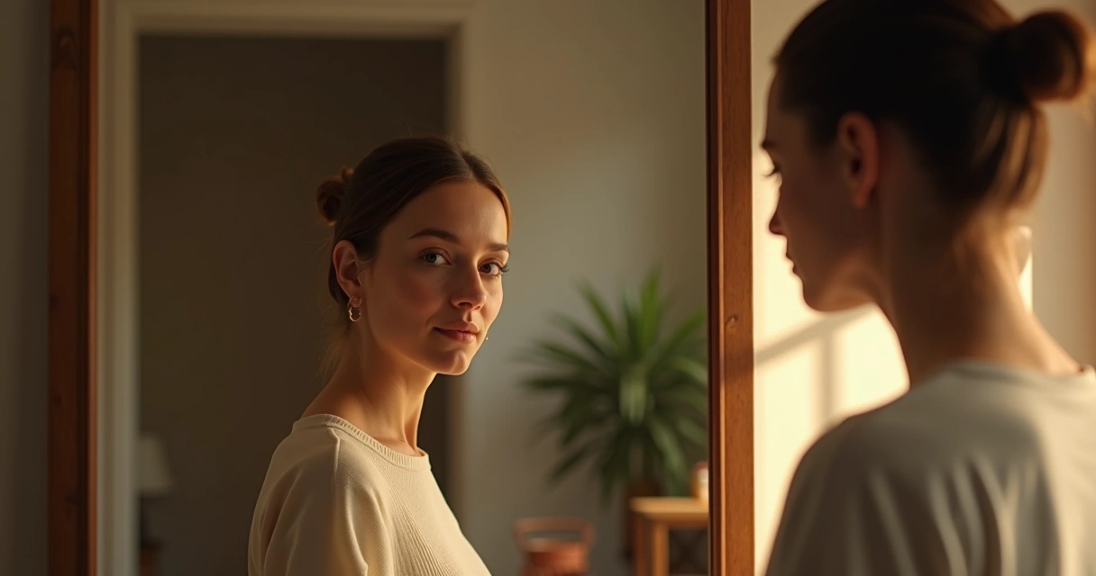 Person looking into mirror with thoughtful expression 