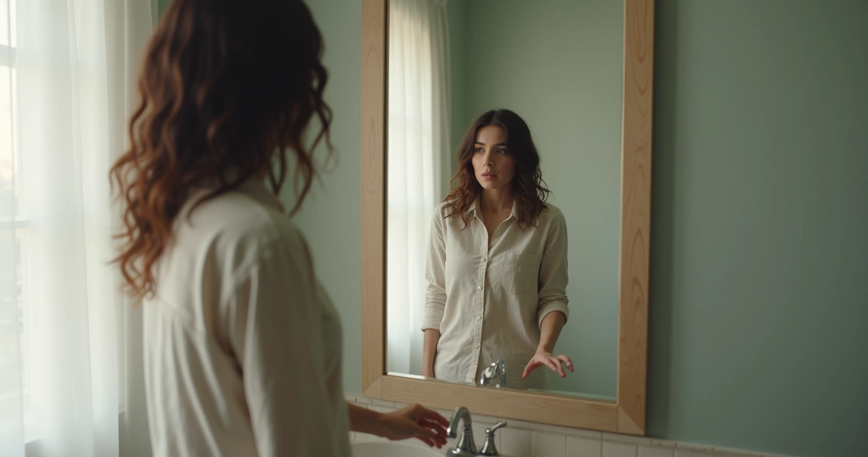Person looking into a mirror in soft natural light 