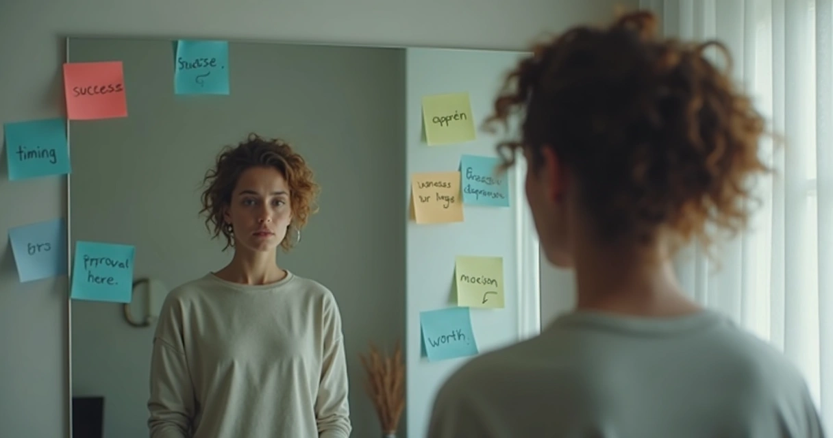 Person looking at a mirror filled with comparison notes 