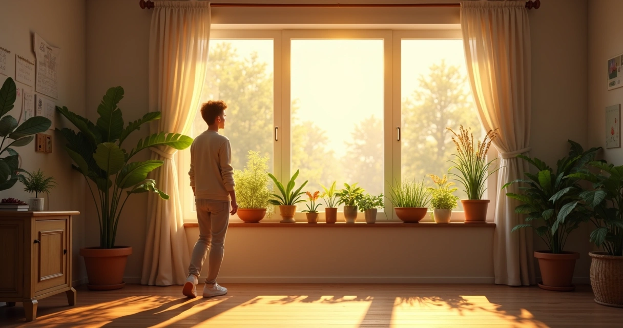 Person standing by window in morning sunlight with houseplants on sill 