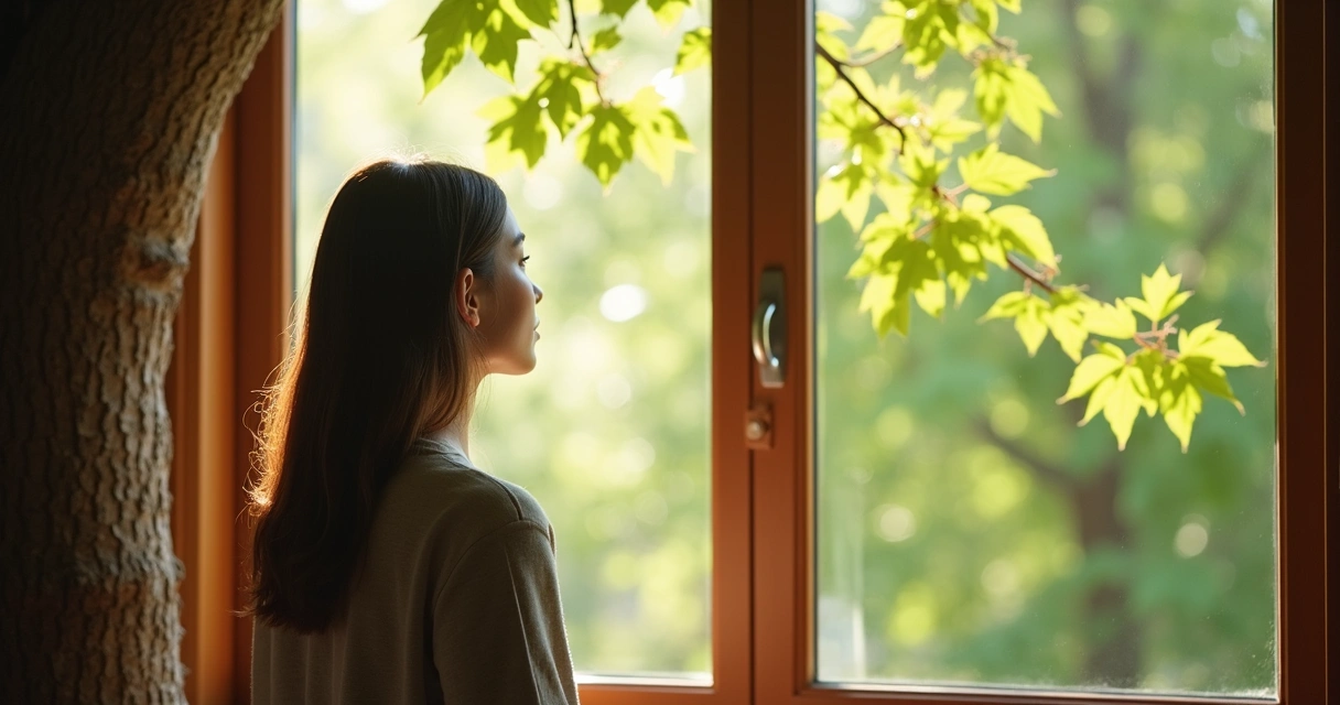 Person gazing out window at trees. 
