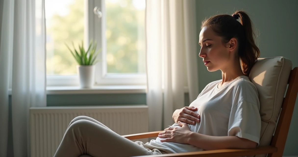 Person sitting quietly with hand on chest and abdomen 