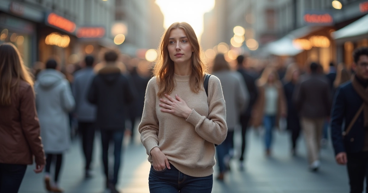 Person pausing thoughtfully in a crowd while touching their chest as if noticing a subtle trigger 