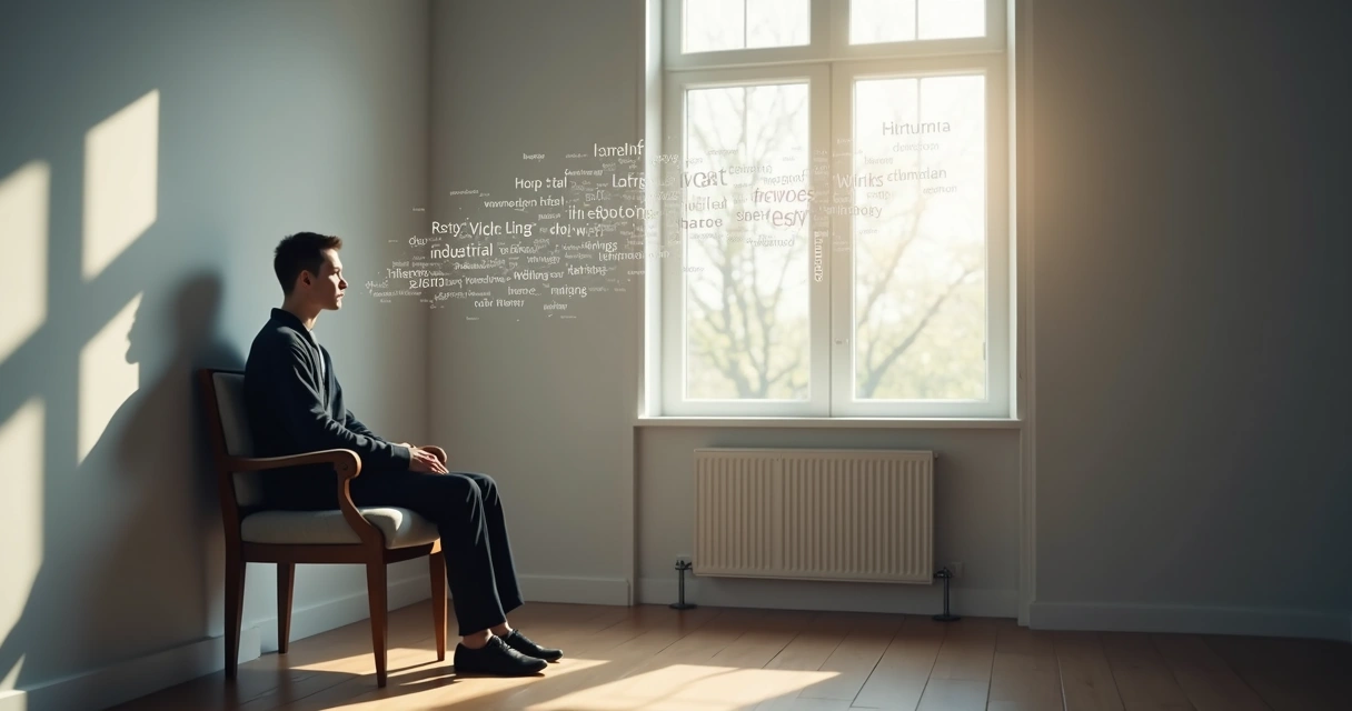 Person sitting calmly while thought words float in the air around them
