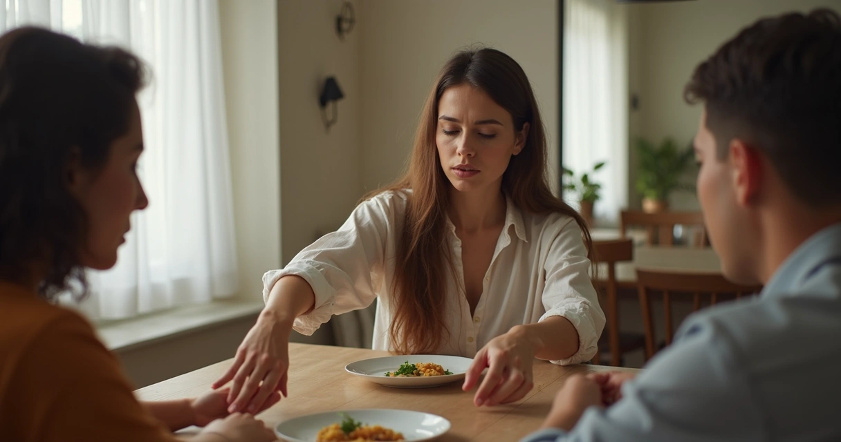 Person offering help at a table while looking emotionally distant