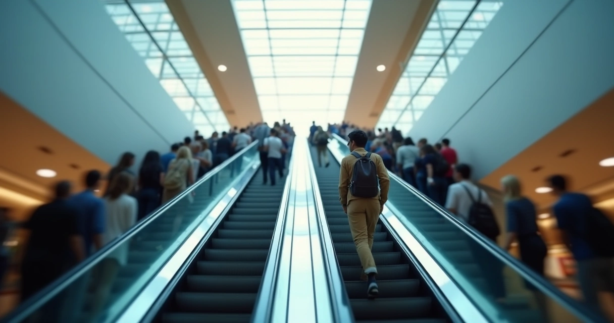 One person rising on an escalator while a crowd descends beside them 