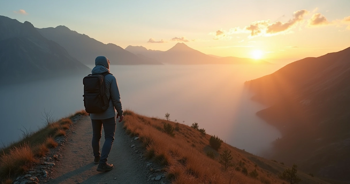 Person standing on a mountain path facing a foggy uncertain horizon 