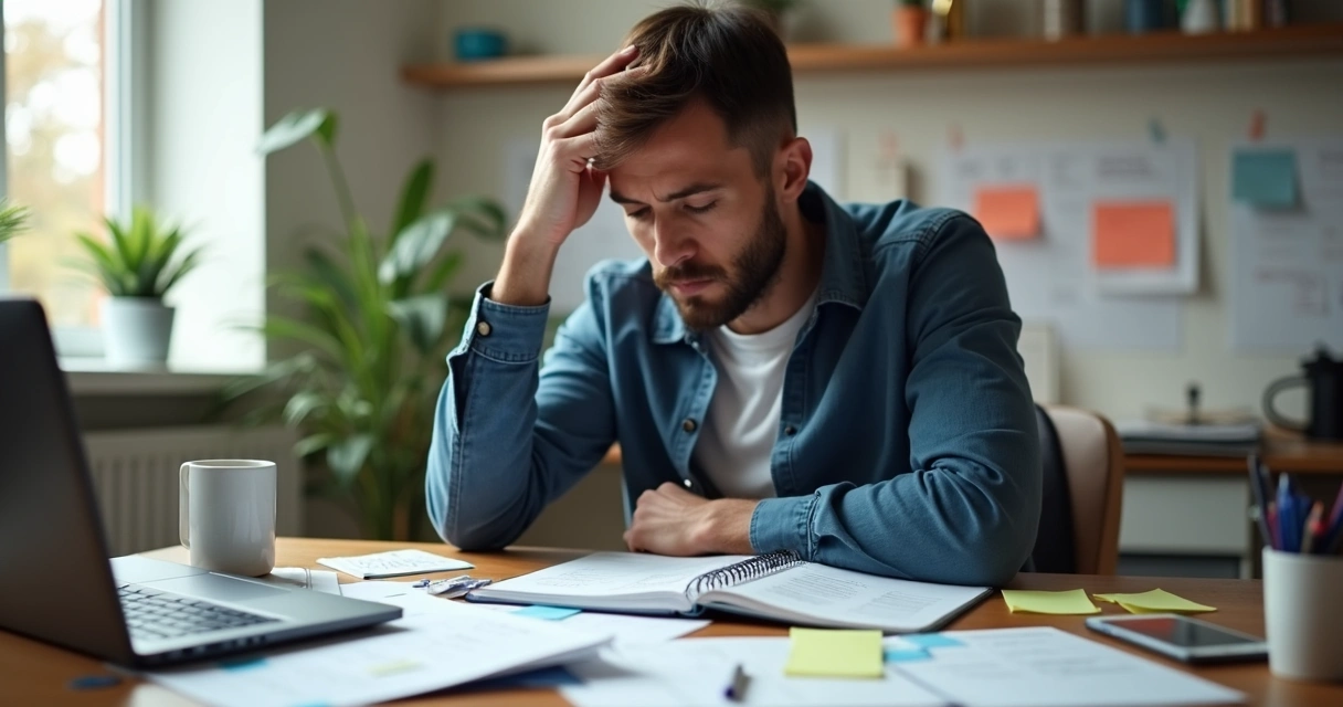 Person sitting at a desk with too many notes and screens 