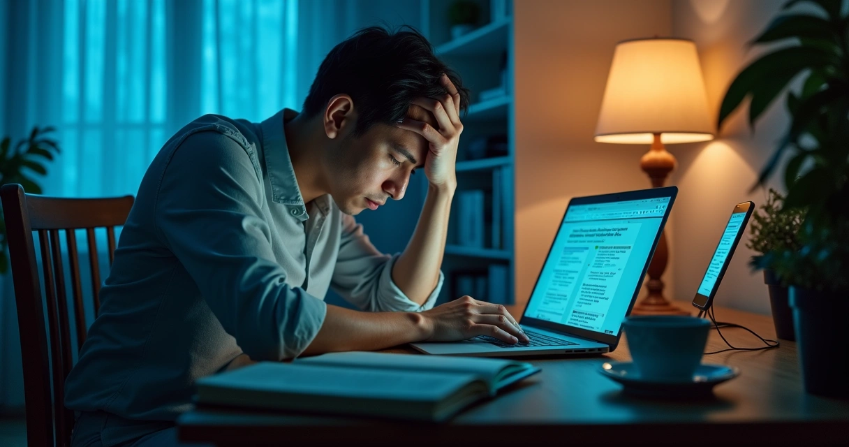 Person sitting with phone and laptop while looking overwhelmed by constant news updates 