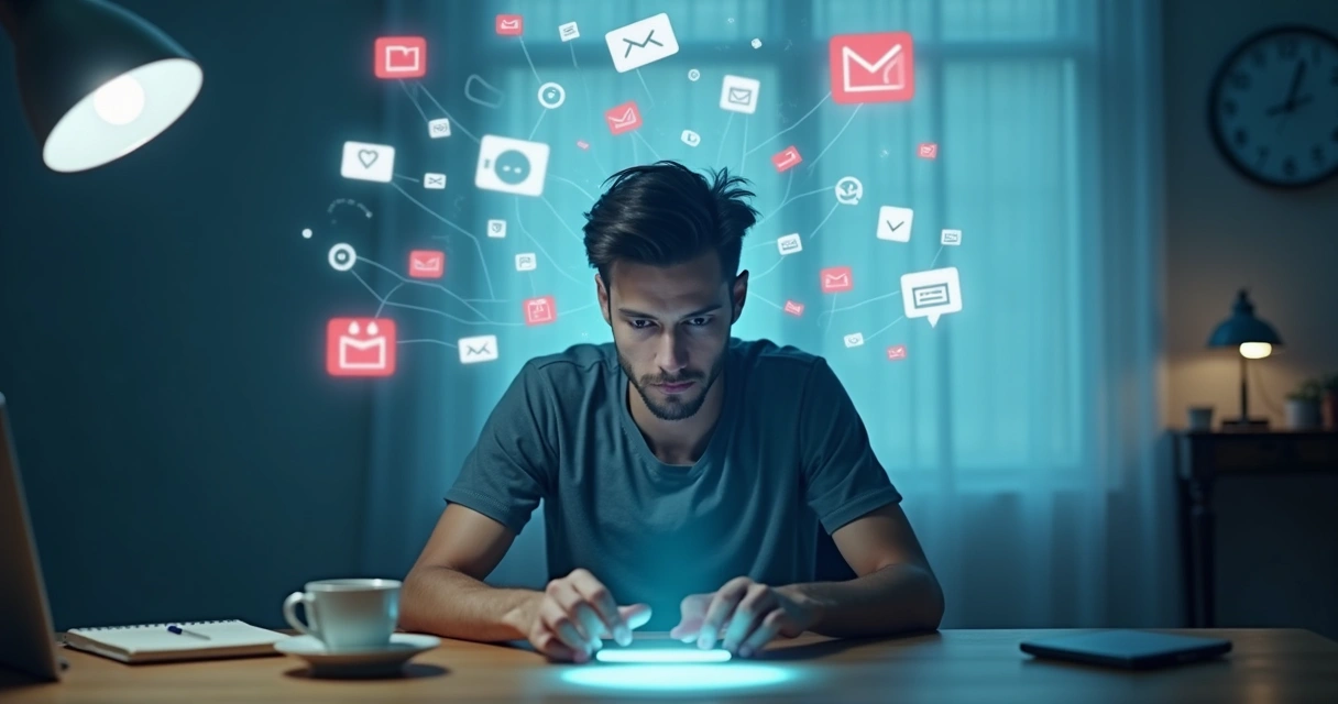 Person at a desk surrounded by floating digital notifications