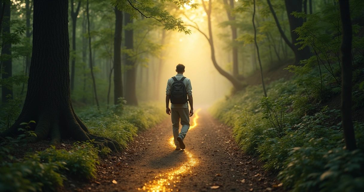 Person walking along a forest path following a glowing golden thread 