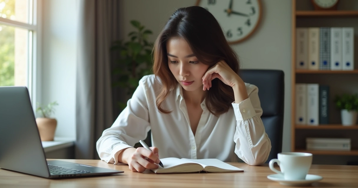 Person pausing at a desk with notebook and calm posture