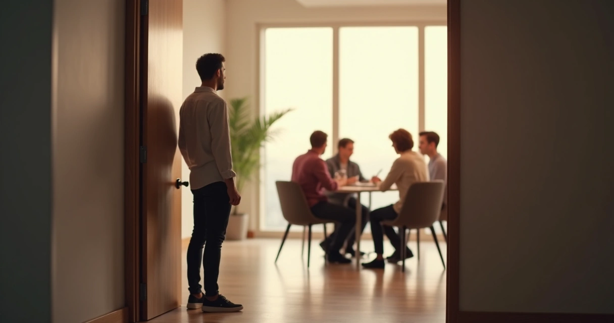 Person pausing at a doorway before entering a group room 