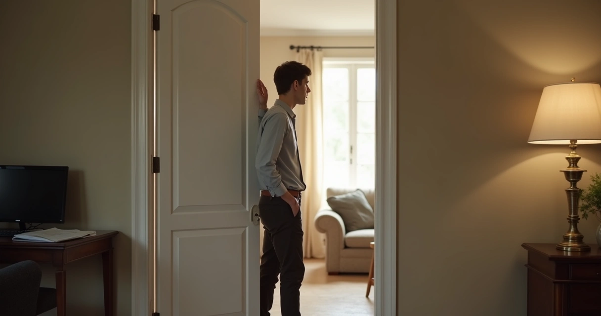 Person pausing at a doorway before entering home 